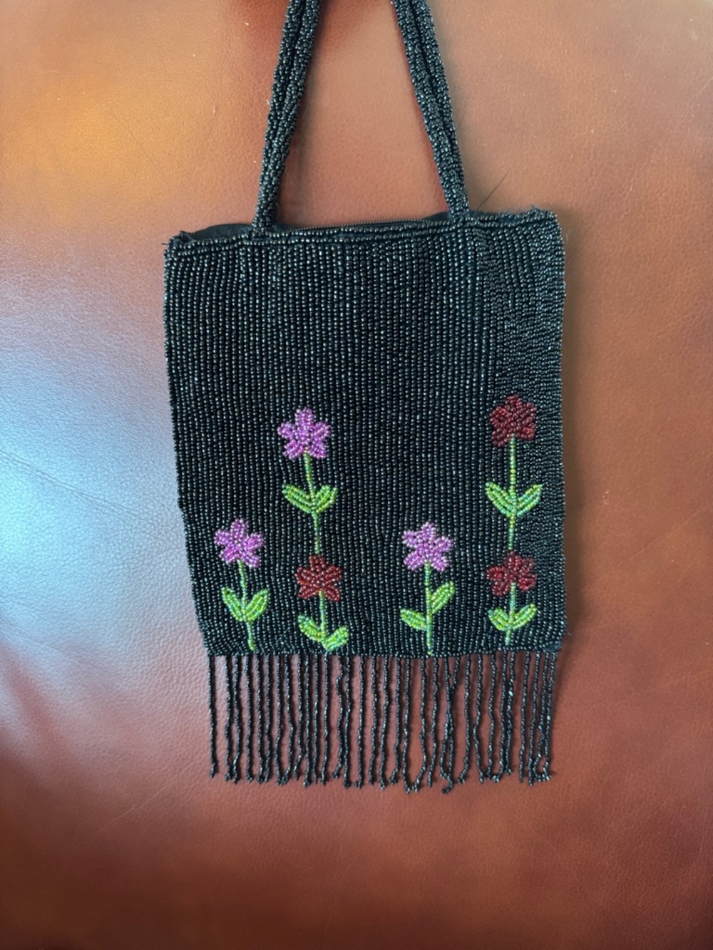 Black Beaded Floral Fringe Women's Handbag